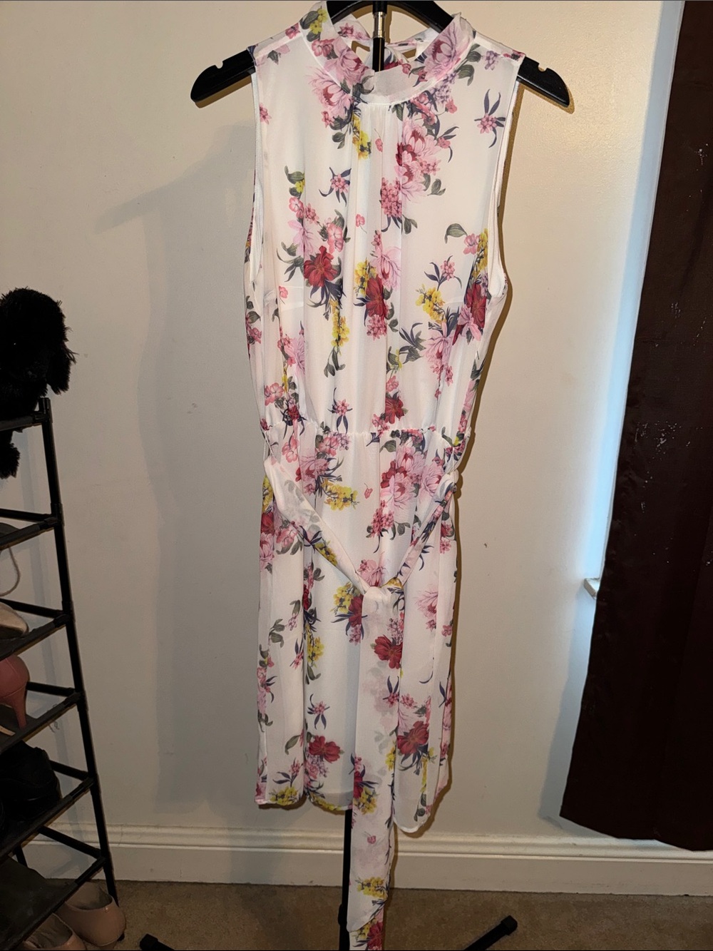 New York & Company White Floral Midi Dress with Pink and Green Accents
